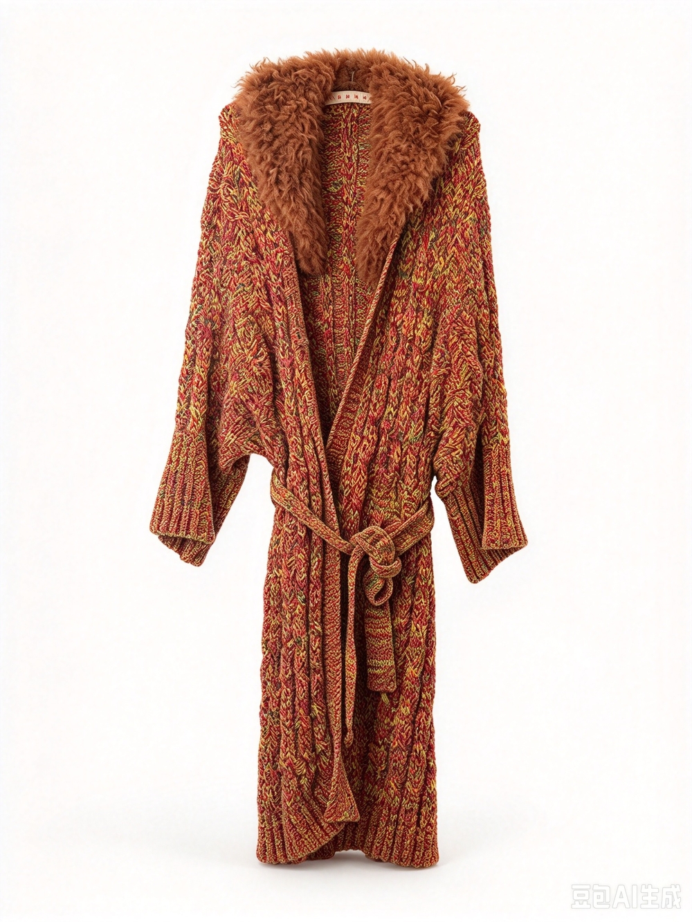 Marni Long Cable-Knit Coatigan with Faux Fur Collar - Rust Multi